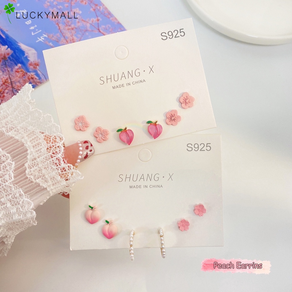 Set Anting Mutiara Bentuk Bunga Peach Warna Pink Untuk Wanita