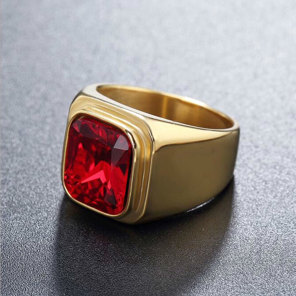 18K Emas Ruby Sapphire Pria Wanita Baja Titanium Dipoles Gaya Sederhana Perhiasan Fashion Kristal Pernikahan Cincin Gold Rings