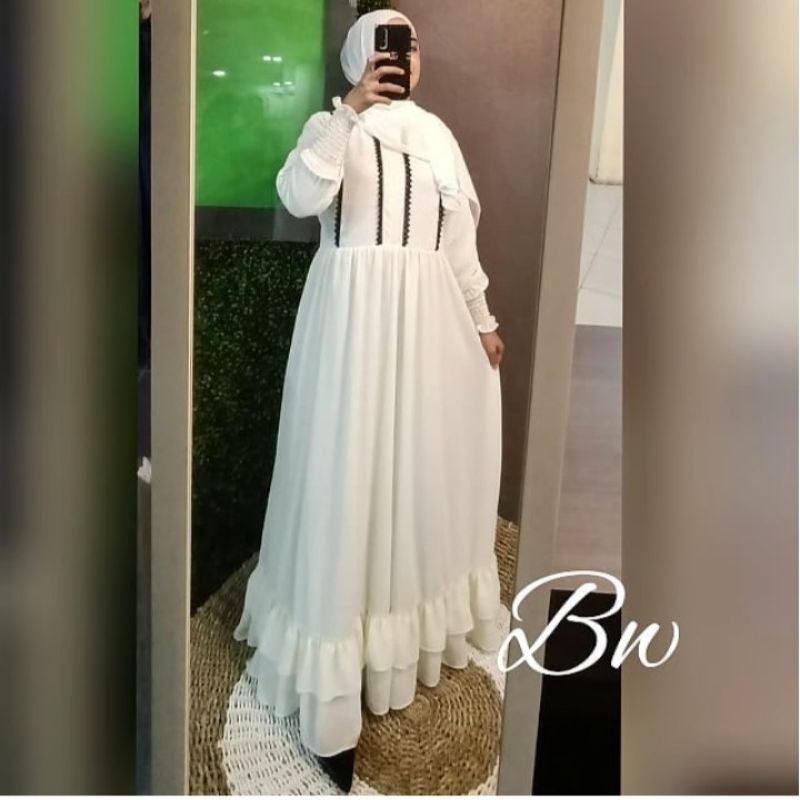 Dress Putih Muslim Lebaran Terbaru 2022 Gamis Rempel Susun Bahan Katun Rayon Premium Ld 110 Kekinian