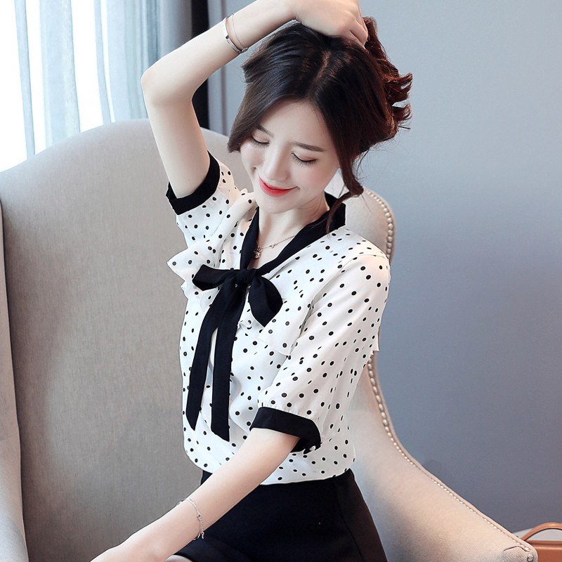 model terbaru blouse Lengan Pendek Bahan Sifon Motif Polkadot Warna Hitam Putih  Pita