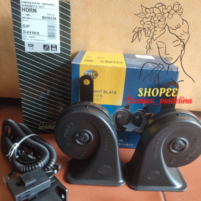 PAKET KOMPLIT Klakson Hella Midnight Black Twin Tone 12v + Kabel Relay Set MX relay bosch Original Termurah Terlaris
