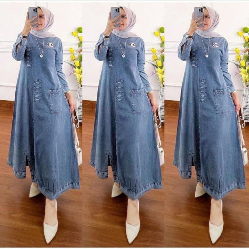 Gaitsha Midi Dress Muslim Gamis Jumbo Jeans Premium Baju Wanita Terbaru Ootd Kekinian Gamis Modern Outfit Wanita