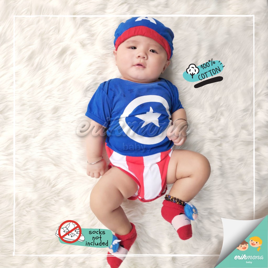Ermon Baby - Jumper Bayi Laki Laki Jumper Baby Cowok Lucu Karakter Superhero Captain Amerika + Topi Usia 0 - 12 Bulan