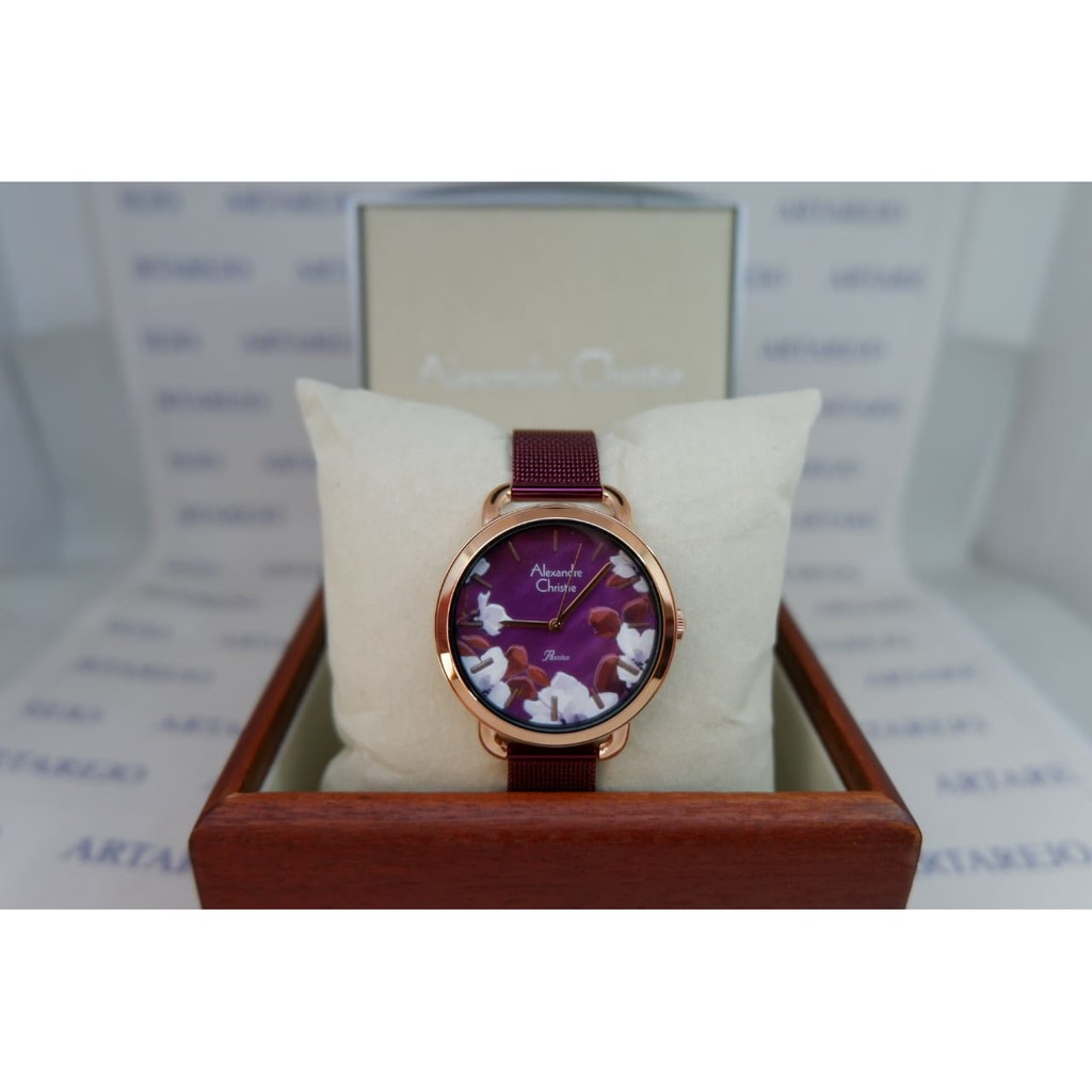 JAM TANGAN WANITA ALEXANDRE CHRISTIE AC 2852 UNGU ROSEGOLD BUNGA
