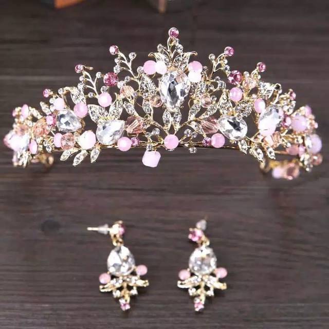 FerenHongXia Banfo tiara handmate+anting tusuk kristal warna emas pink