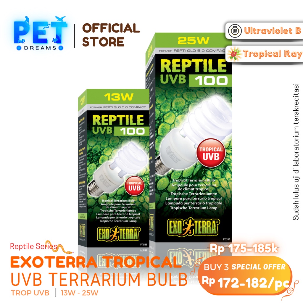 PROMO LAMPU UVB 100 EXOTERRA TROPICAL TERRARIUM CALCIUM BULB REPTIL TROPIS TORTO KURA IGUANA