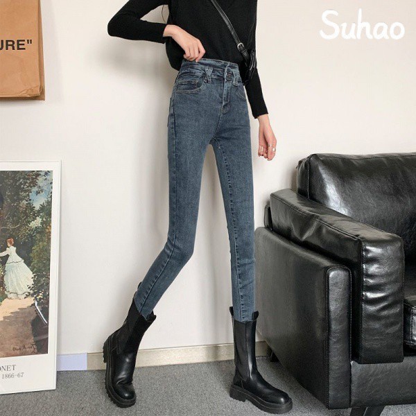 Suhao Retro Tinggi Pinggang Ketat Lurus Celana Jeans Wanita Musim Gugur Celana Kurus Slim Fit Burr C