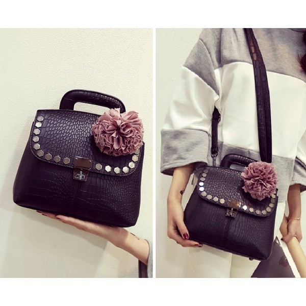 TAS HAND BAG SELEMPANG BISA RANSEL PINK HITAM KULIT CROCO IMPOR WANITA