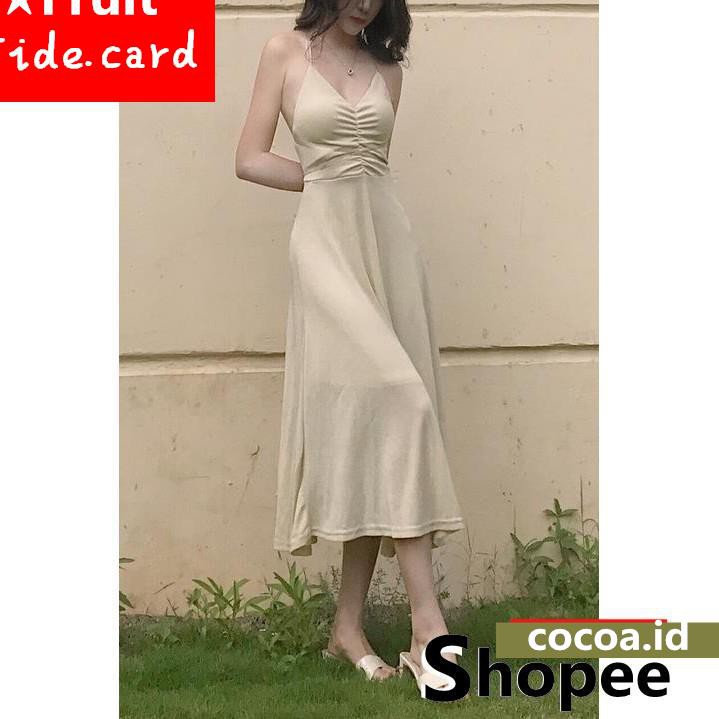 Dress Midi Vintage Chic Sexy V-Neck Tanpa Lengan Warna Emas Aksen Pita Gaya Korea untuk Wanita