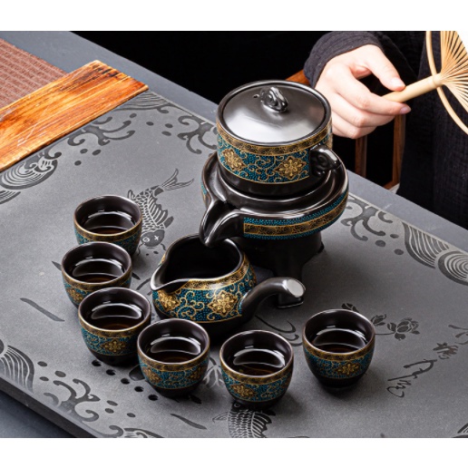 9in1 Chinese Tea Set Teko Ceramic Black Peach Blossom + Gift Box
