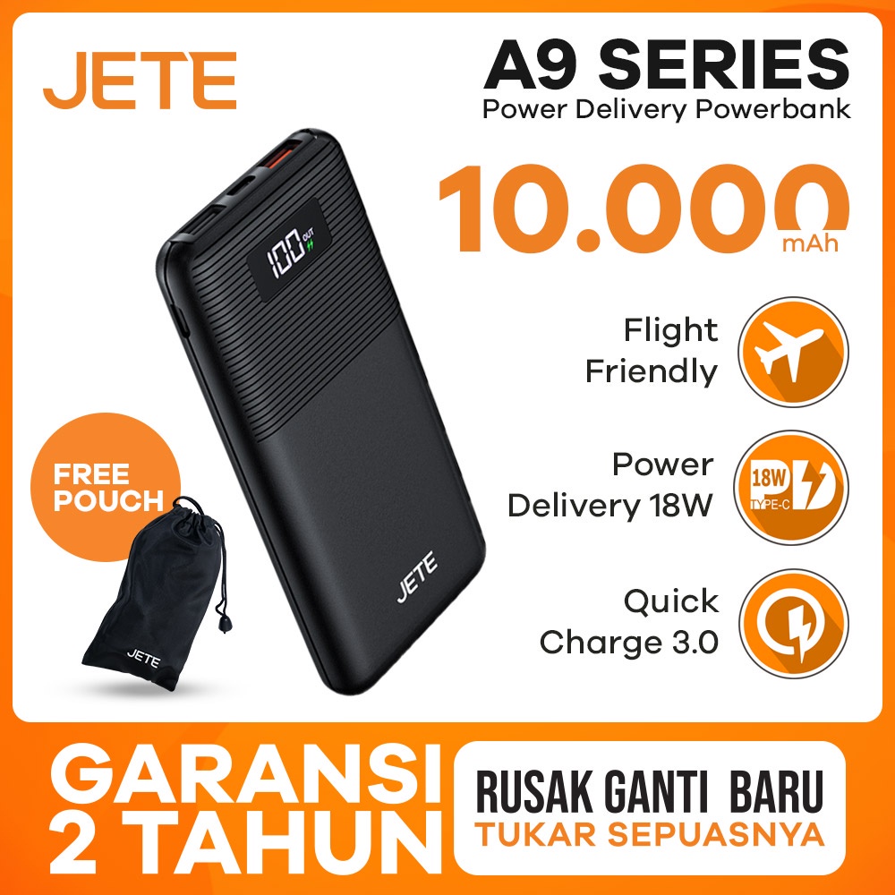 Power Bank PowerBank JETE A9 10.000 mAh LED Indicator 3 Output Type C - Garansi 2 Tahun