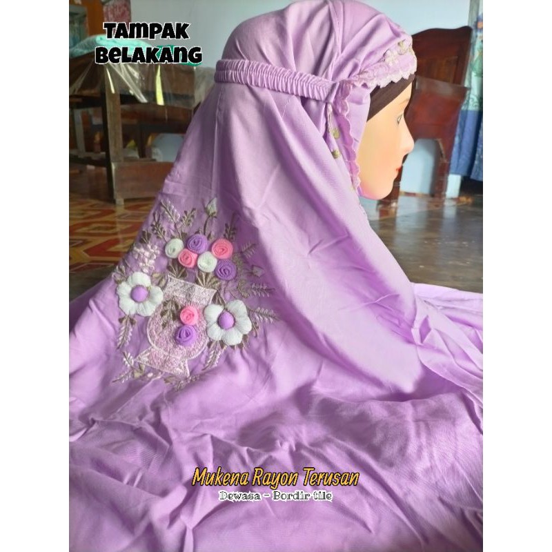 Mukena dewasa Rayon Terusan Bordir Tile Timbul/ ungu muda