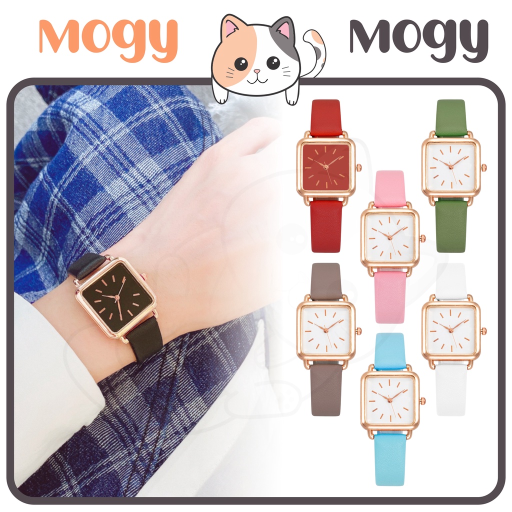 MOGYMOGY J182 Jam Tangan Wanita Analog Petak Bentuk Kotak Bahan Kulit Korean Watch