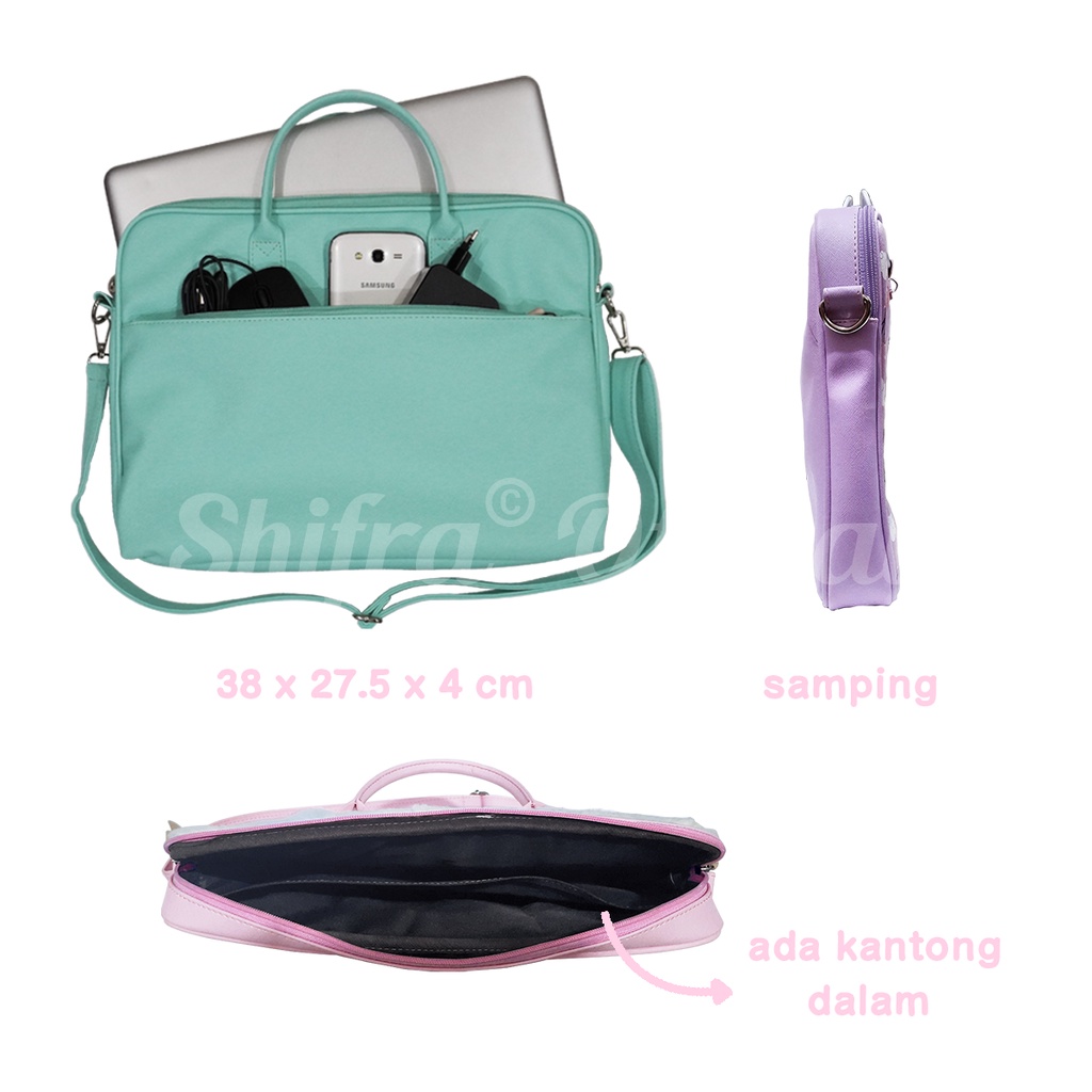 Shifra Tas Laptop Selempang Tali Panjang Polos Kulit Sintetis Waterproof Navy Pink Tosca (Free Mini Pouch Gantung Bear Rantai Random)