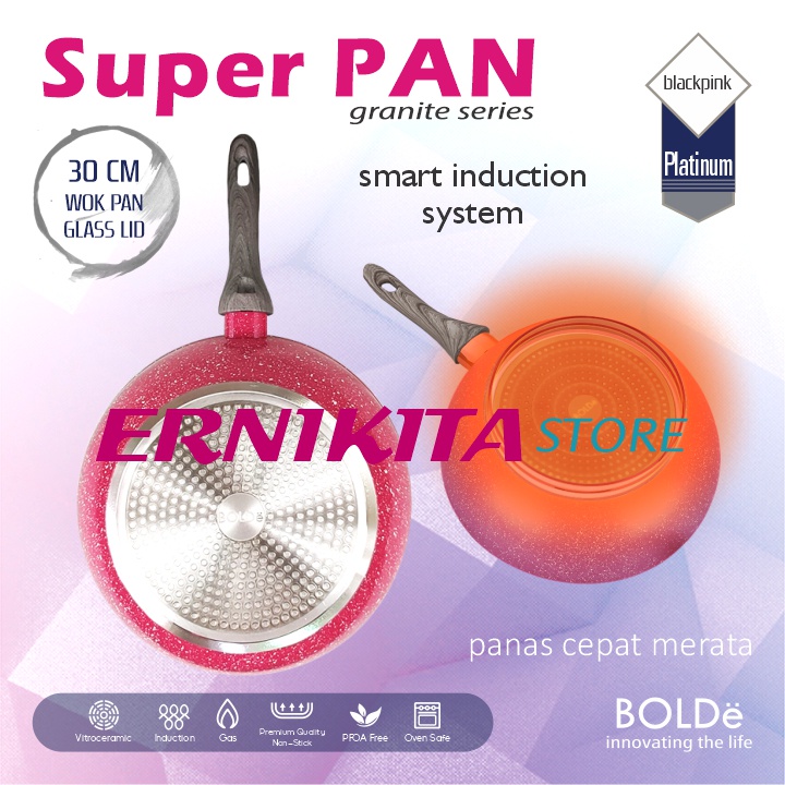 BOLDe SUPER PAN WOK PAN GLASS LID BLACK PINK 30 CM - Wajan Penutup Kaca Granite Coating