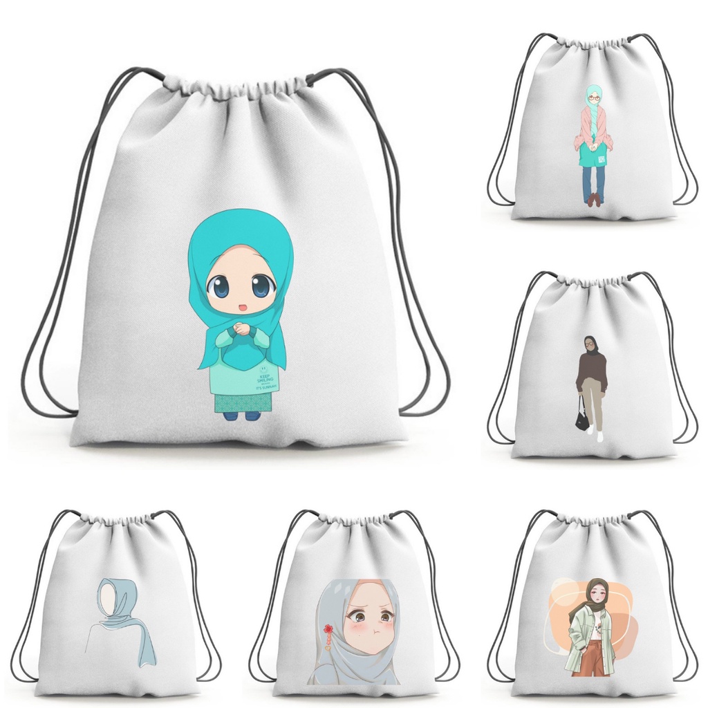 BISA CUSTOM SATUAN STRING BAG Islamic hijrah Quotes tas New stringbag hijab tas fashion aesthetic drawstring printing premium || kiiyoomii ||