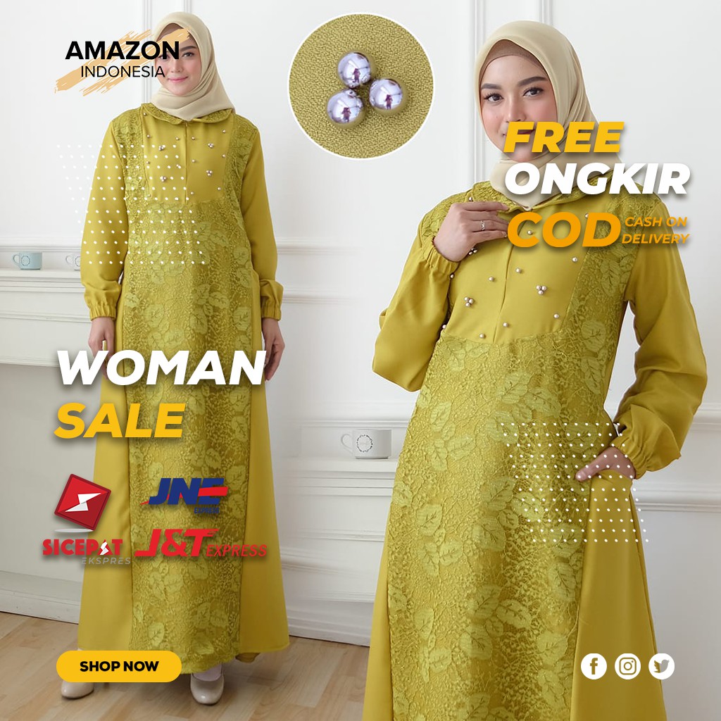 GAMIS MUSLIM DRESS WANITA WARNA GREEN HIJAU BAHAN MOSCREPE KOMBINASI BRUKAT GLITER STYLE CASUAL ORI