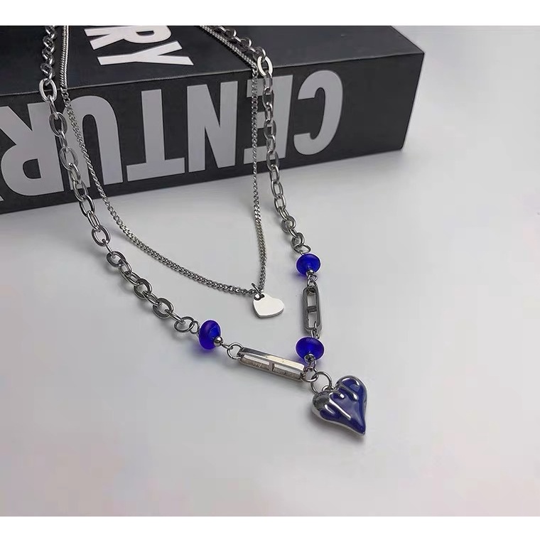 Kalung Klavikula Lapisan Ganda Dengan Liontin Hati Warna Biru