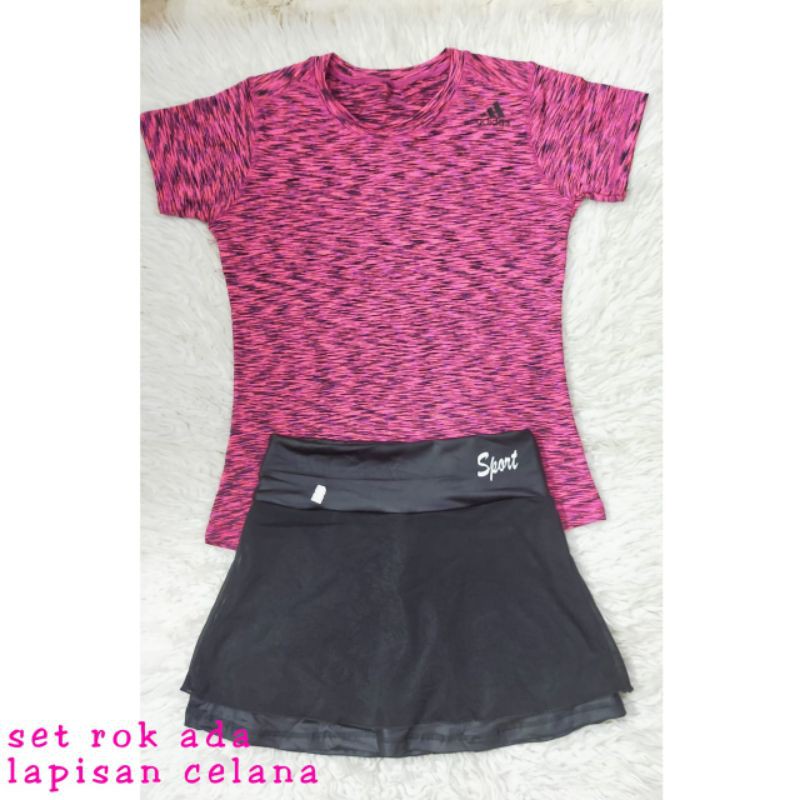 Setelan Baju Senam ADIDAS Sport Rok bahan Spandex Import