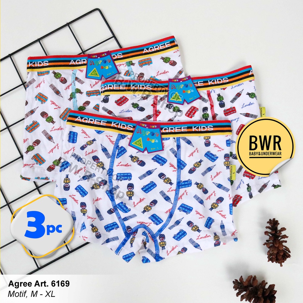 [ 3pc ] CD Boxer Agree Kids 6169 Putih Motif / Celana Renang Anak Boxer Karet Tebal Salur | Bwr