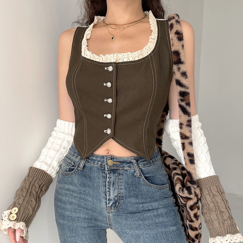 Suhao Lace Hook Bunga Retro Kepribadian Buckle Best Vest Wanita Tampan Spice Kecil Gadis Cantik Back Top