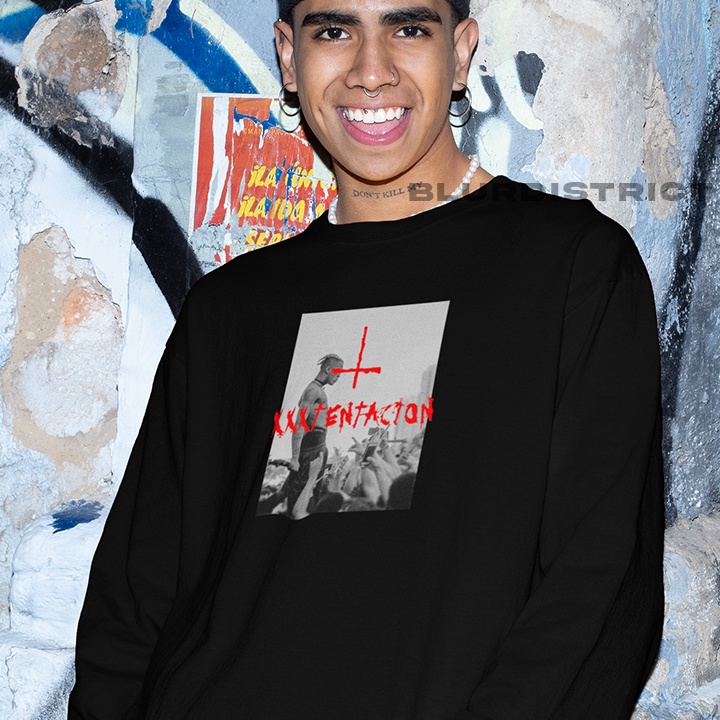 BlurDistrict Sweater Crewneck XxxTentacion CITY Sweter Hitam Pria Wanita Kain Fleece Distro