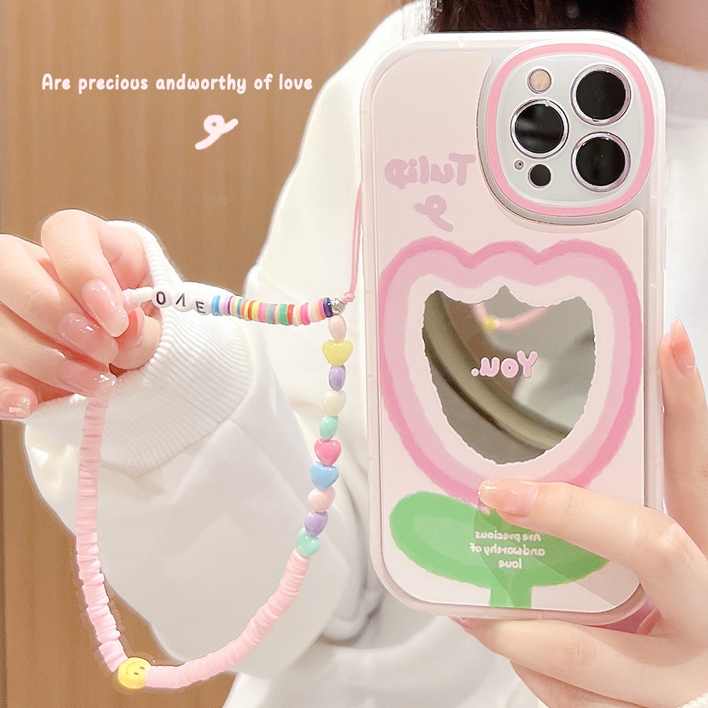 Case Pelindung Desain Bunga Tulip Mata Besar Dengan Rantai Pink Untuk Iphone 14 11 8 7 Plus SE2 XS XR 12 13 Mini PRO MAX