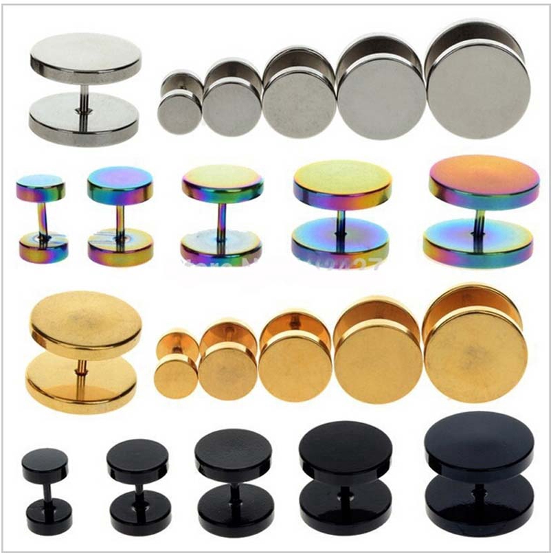 2Piece Stainless Steel Earrings Stud Fake Plugs Lobe Pierceing 6-14mm Black Gold Silver Multicolor