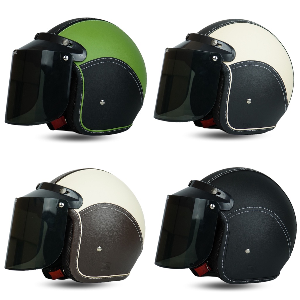 Helm Bogo Retro Kulit Full Leher Dewasa SNI Kaca Datar