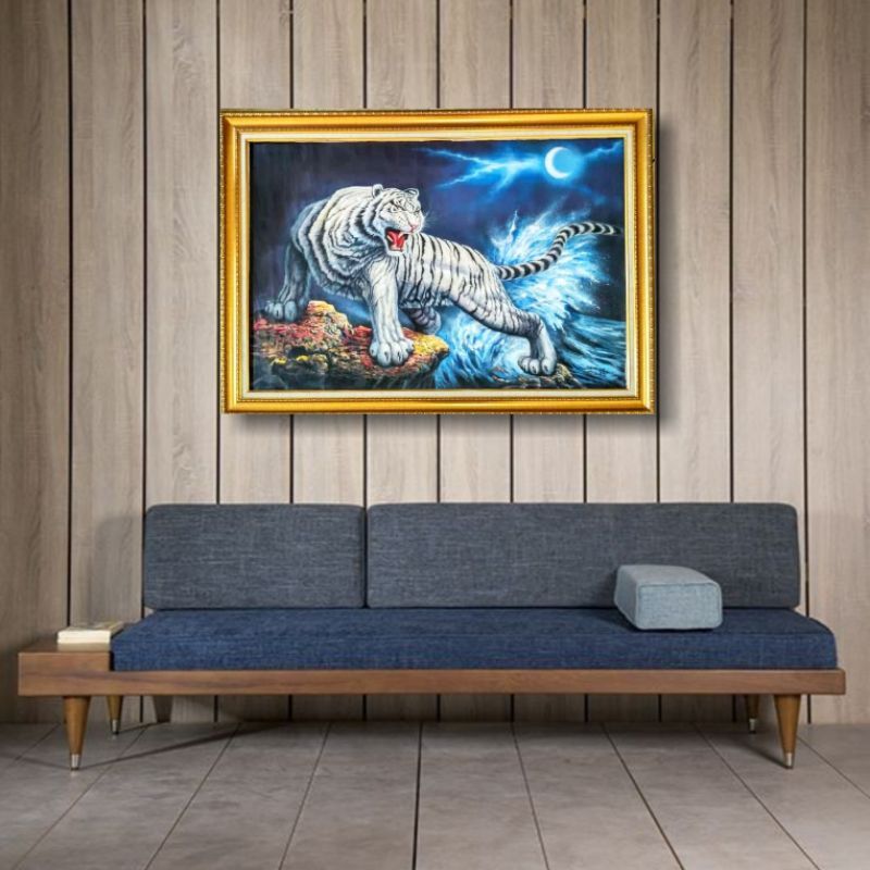 Lukisan Harimau Putih dan Harimau Orange Unik Minimalis 3D Kanvas Ukuran 135x85 cm