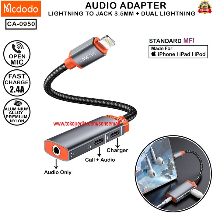 Mcdodo Ca-0950 Converter Splitter Iphone Dual Lightning + Dc3.5Mm