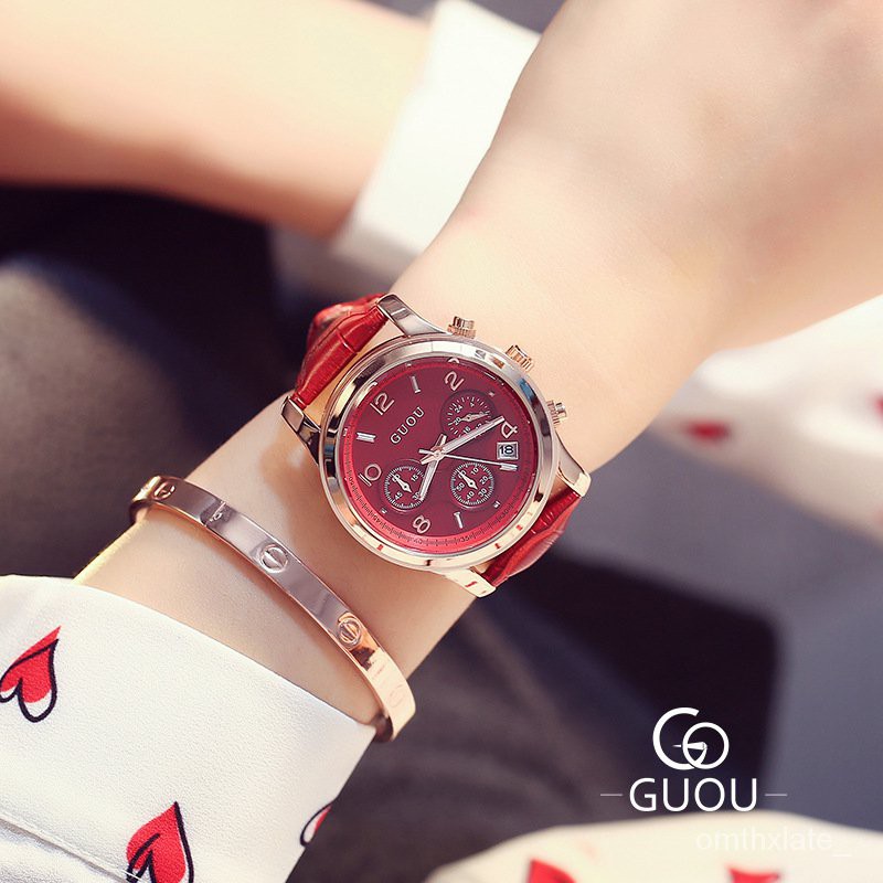 【Factory Outlet】GUOU Hong Kong Guou Jam Tangan Wanita Tiga Mata Multi-Fungsi Belt Klasik Retro Kasual Quartz Watch Wa