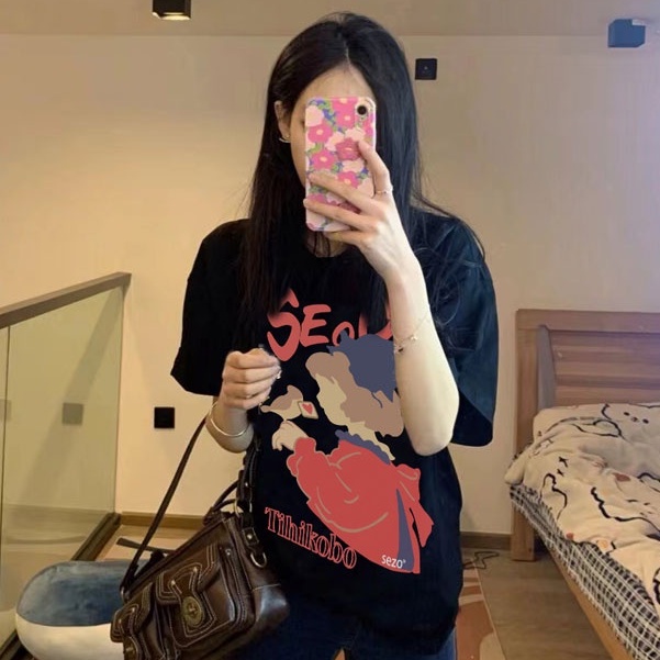 American Vintage  Letter Cartoon Girl Pattern printing Overszie T-shirt baju kaos wanita/kaos puith