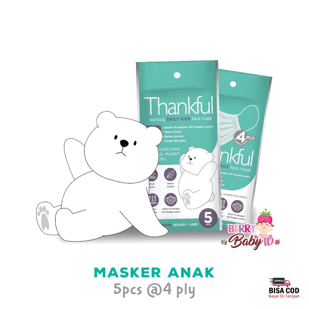 Thankful Masker Isi 5 Masker Anak Earloop Kids Face Mask Multifungsi Berry Mart