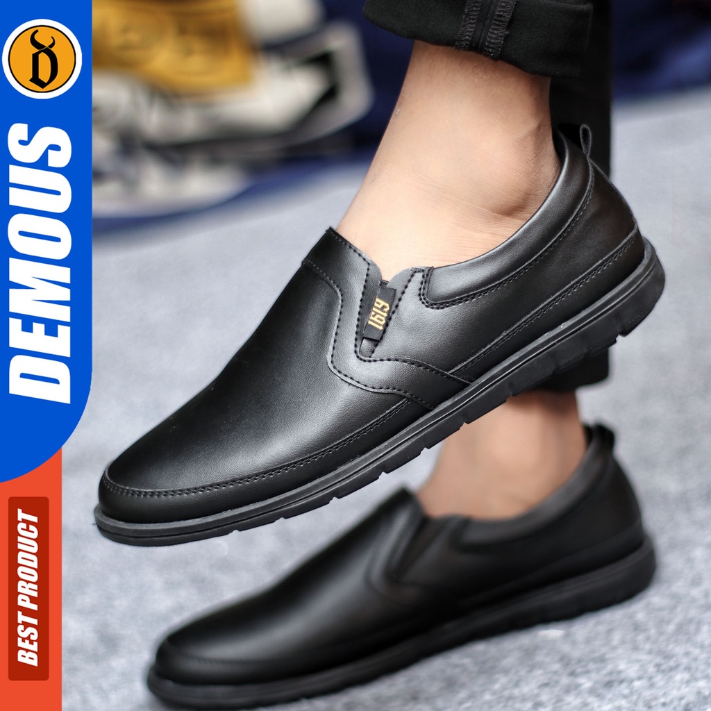 Sepatu Slip On Pria Sepatu Casual Pria Formal Kulit Pu Sepatu Pantofel Kerja Kantor Kuliah Kondangan Sepatu Slop Pria Sepatu Hitam Pria DEMOUS HAIJIN