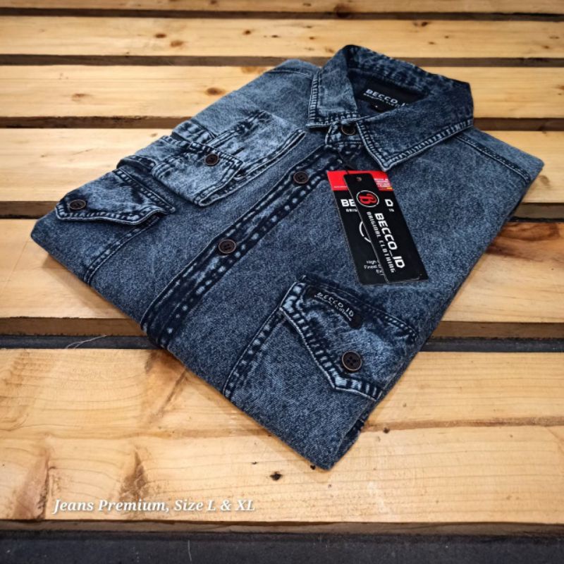 kemeja jeans denim pria lengan panjang, kemeja jeans import, kemeja distro lengan panjang premium