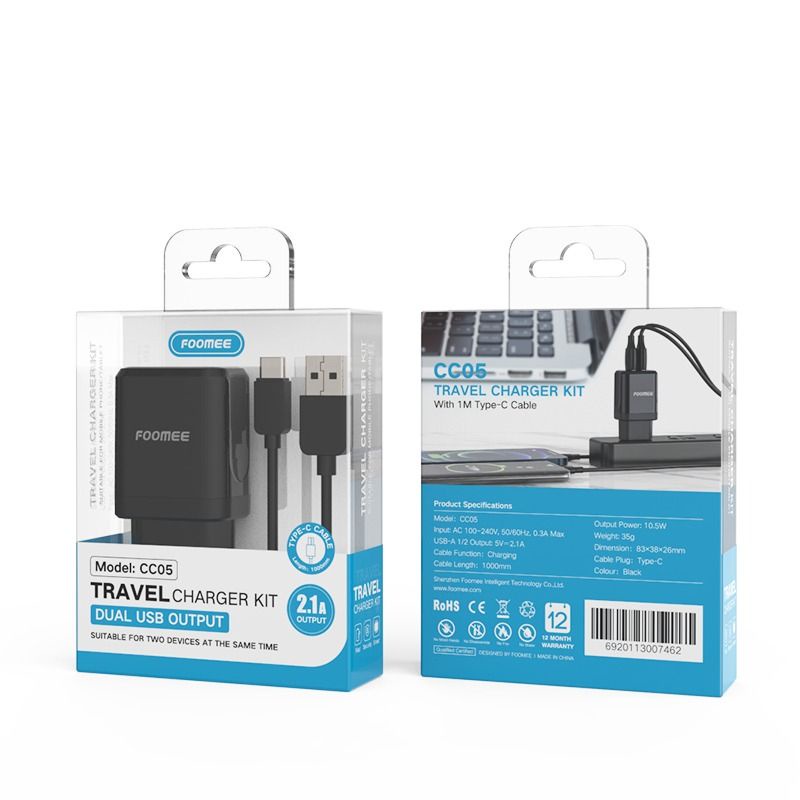 Travel Charger Kit Foomee CC05 Dual USB Output Max 2.1A Cable Type-C For Android Fast Charging