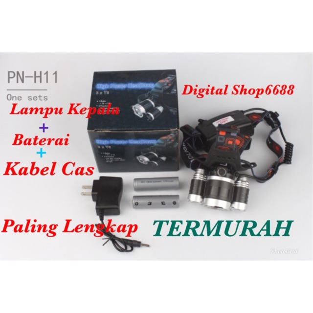 SENTER &amp; Lampu Kepala Cahaya Kuning +ZOOM PAKET Headlamp Cree XML- T6 5000 Lumens Baterai + Charger