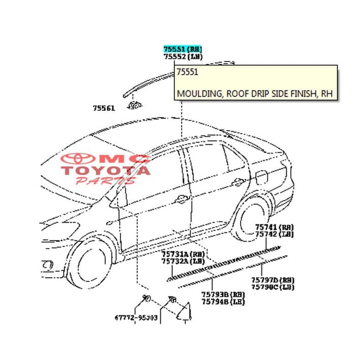 Moulding Roof Karet Atap Kanan New Vios Limo 75551-0D090