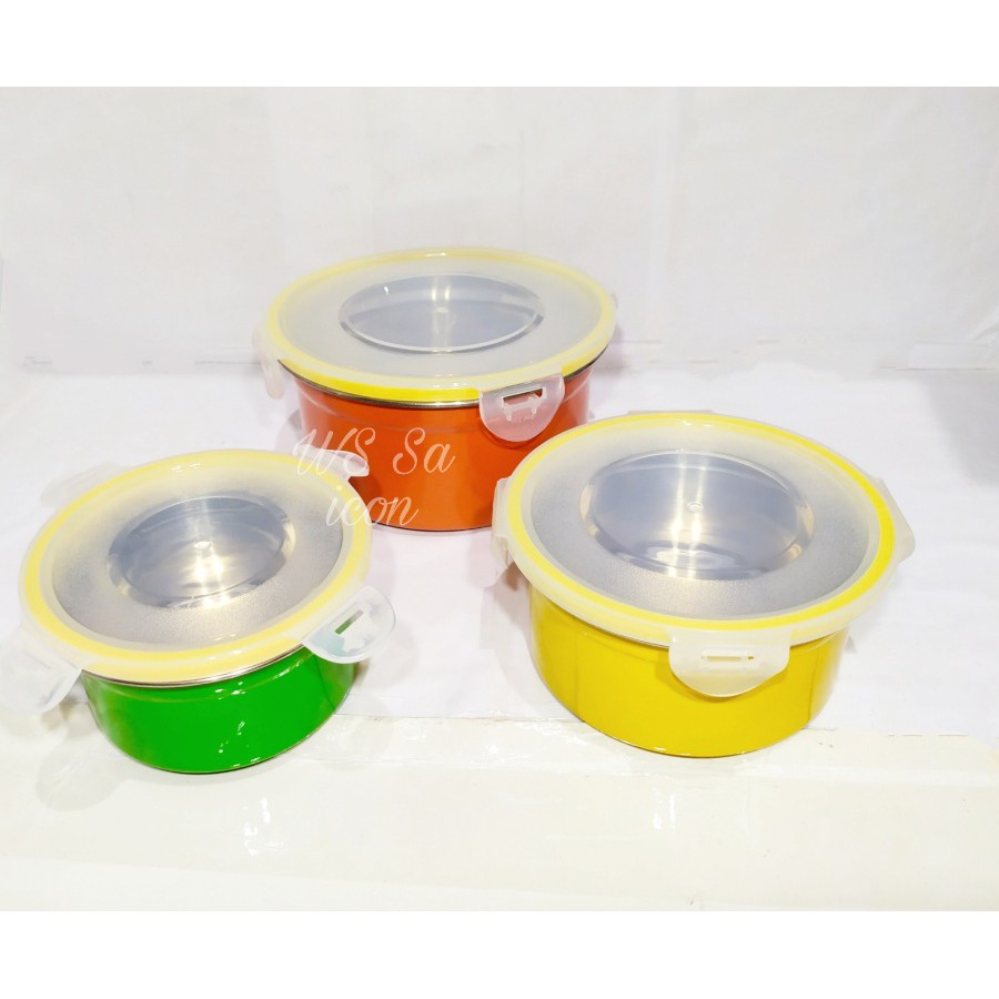 3pcs Kotak Penyimpanan makanan stainless steel warna Warni / Lunch Box Food Container 3in1