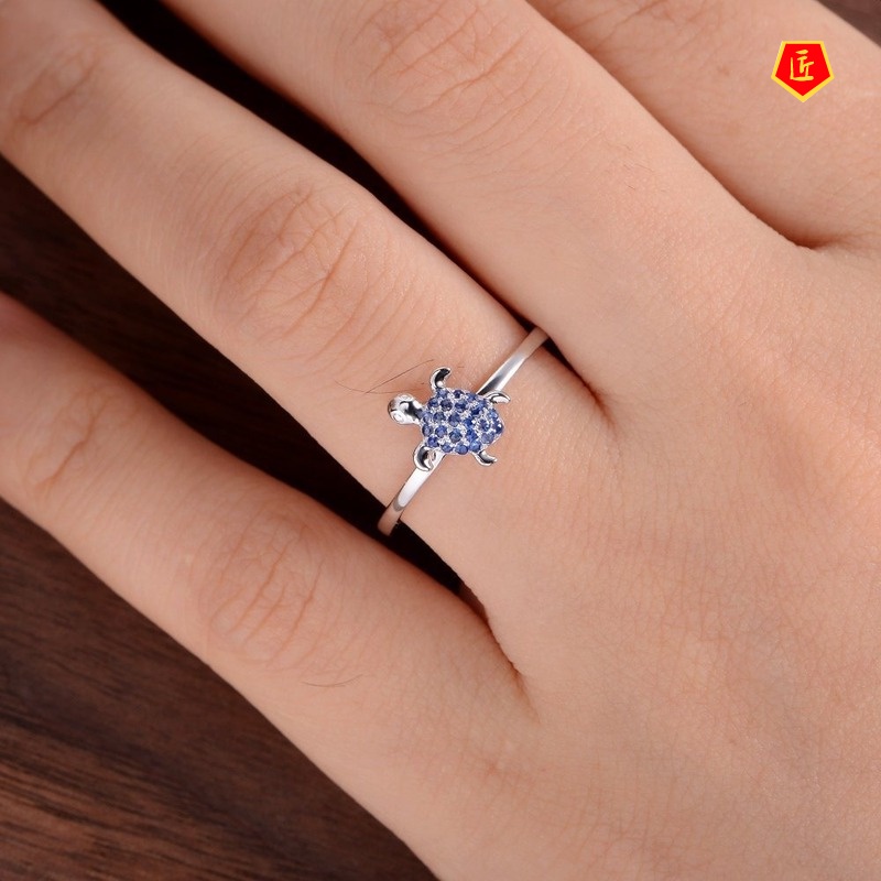 [Ready Stock]Creative Inlaid Sapphire Full Diamond Turtle Ring