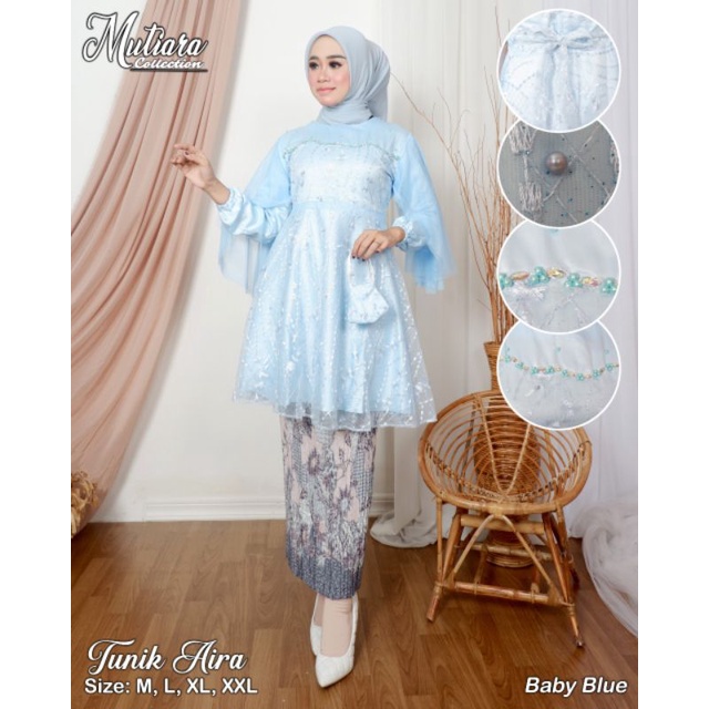 Zaja - Baju Set Tunik Aira Rempel Payet Dada &amp; Free Masker + Full Inner Cavali / Stelan Kebaya Modern Terbaru / One Set Baju Wisuda Dan Pesta Cantik Tulle Bordir Twotone / Pakian Baju Seragaman Keluarga Cewek