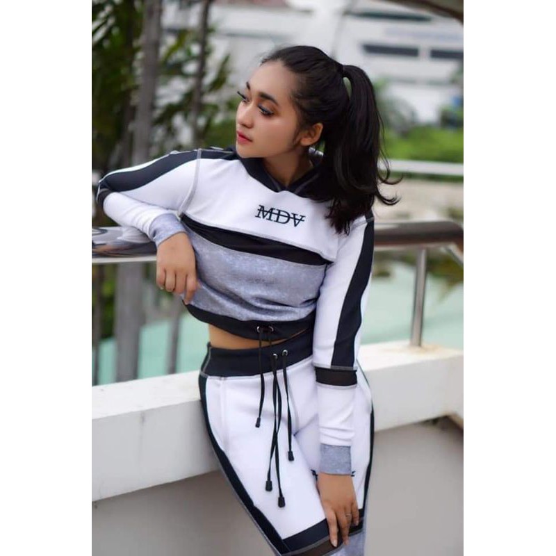 BAJU SENAM MURAH SXB MDV CROP MESH SWEATSHIRT HOODIE AND JOGGER