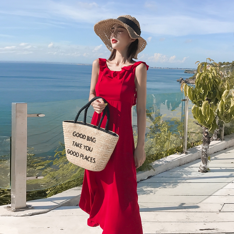 red dress on beach