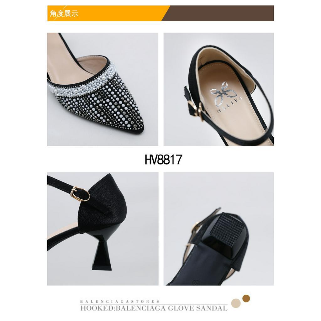 AURORA HELIVA High Heels 6cm Sepatu Hak Tinggi Lancip Pesta Ankle Warp Bahan Kulit Glitter Mutiara Manik HV8817 Original Brand
