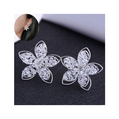 LRC Anting Tusuk Fashion Metal Crystal Flower Stud Earrings A63291