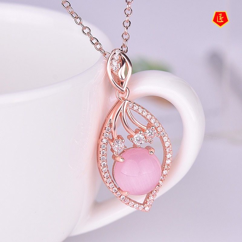 [Ready Stock]Pink Crystal Ross Quartz Full Diamond Pendant Korean Style Simple 18K Rose Gold