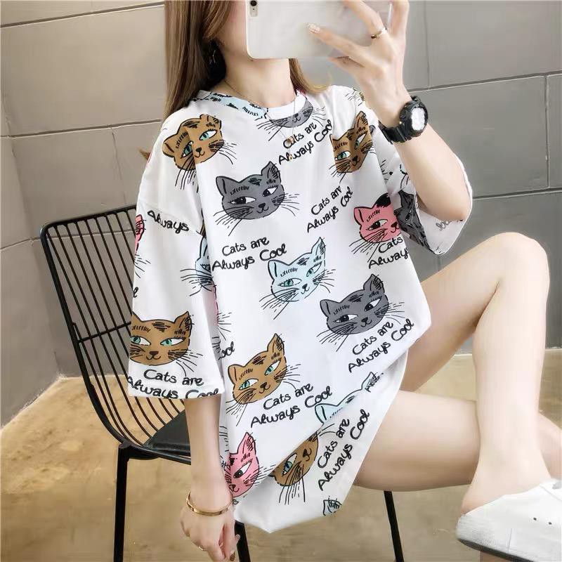 Oversize Tee Tshirt Model Longgar Untuk Wanita Motif Meow