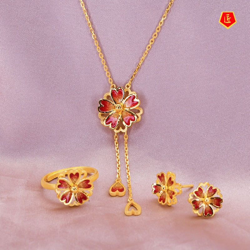 [Ready Stock]Golden New Personality Cherry Blossom Set Rings Necklace Ear Stud