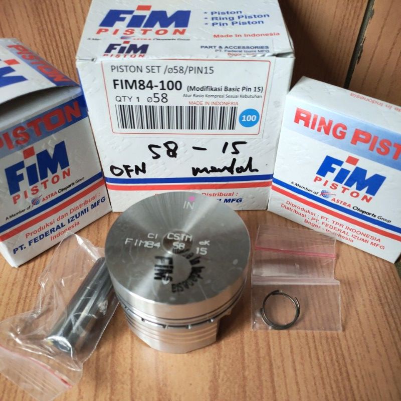 Seher/piston kit merk fim bahan mentah ukuran 57/57,5/58/58,5/59/59,5/60 pin/pen 13 dan pin/pen 15-4